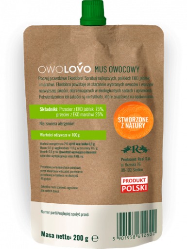 OWOLOVO PĚNA JABLKO A MRKVOVÁ BIO ECO BEZ PRIDANÉHO CUKRU 200g