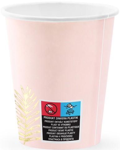 Ružové papierové poháre so zlatými lístkami na narodeniny sliepky, 220 ml, 6 ks