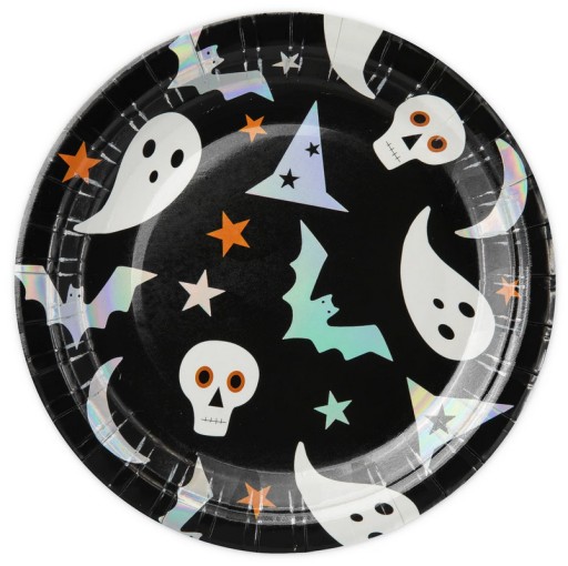 Halloweenske duchové papierové taniere čierne 18cm 6ks