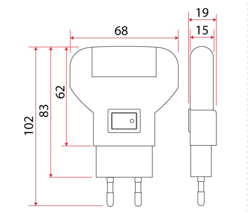 Horizontálna červená LED mini nočná lampa s kontaktom