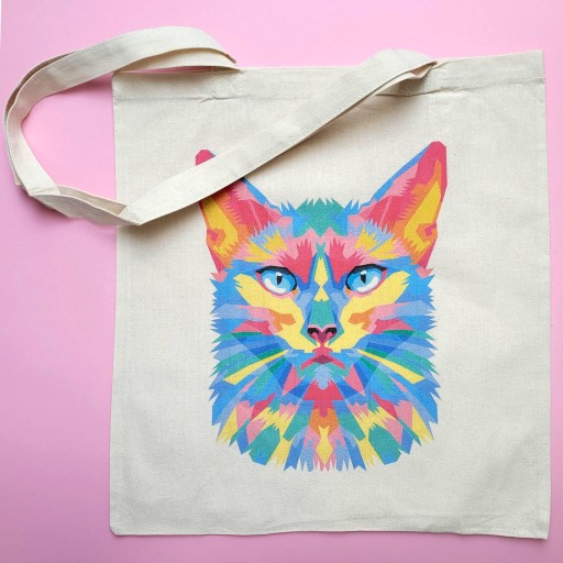 Nákupná taška z ecru bavlny s potlačou CAT, látková taška 38x42cm