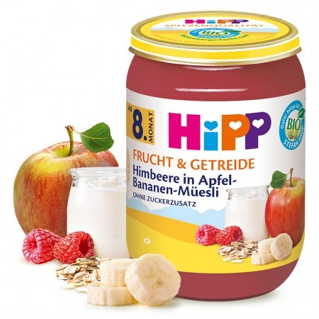 HiPP BIO Ovocná pena Maliny Jablká Banány Müsli
