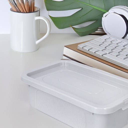 Organizér, plastová nádoba s vrchnákom, 4,5l box, svetlo šedá