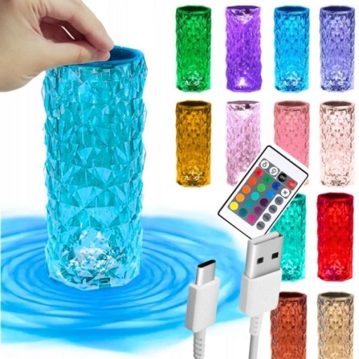 KRYŠTÁLOVÁ STOLOVÁ LAMPA SPÁLŇOVÁ STOLNÁ LAMPA RGB DIAMANTOVÁ LED + DIAĽK.