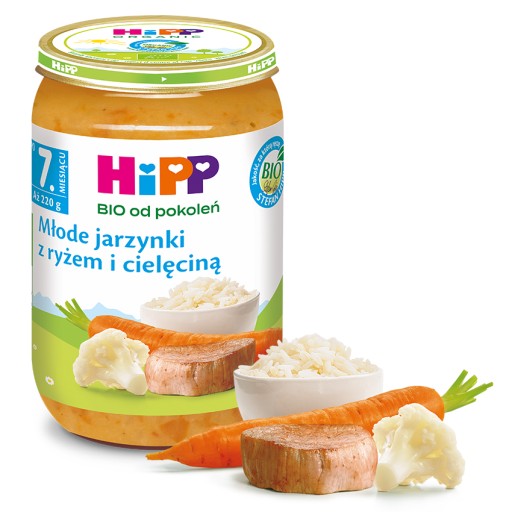 HiPP Mladá zelenina s ryžou a teľacím mäsom, BIO, 220g