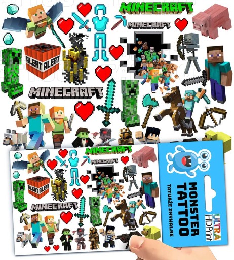 UMÝVAJÚCE DOČASNÉ TETOVANIE PRE DETSKÉ DETSKÉ MINECRAFT ORIGINÁLNE VZORKY