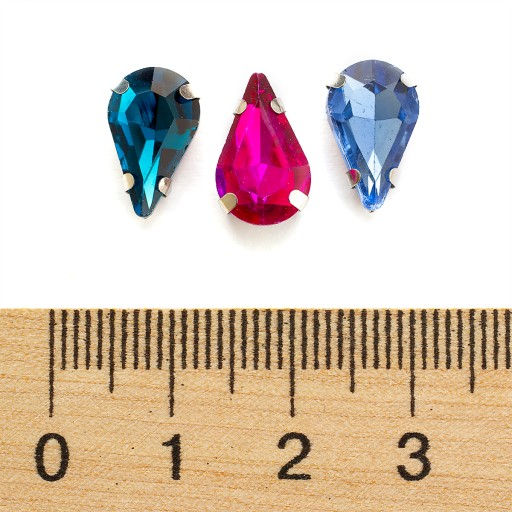 Štrasové kamienky na šitie v košíku, sklo a mosadz, kvapka, 12,5x8x5mm, 10ks