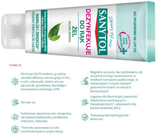 Dezinfekčný gél na ruky s vôňou zeleného čaju 75ml SANYTOL