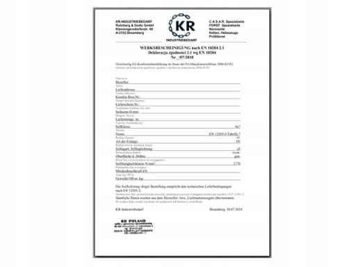 Certifikát EN 10204 2.1 - Vyhlásenie o zhode