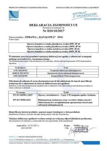 Kanálové svietidlo 24H s plastovou sieťkou 60W IP 44