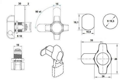 Zámok na visiaci zámok do skrinky 19x30mm, strmeň 6-8mm