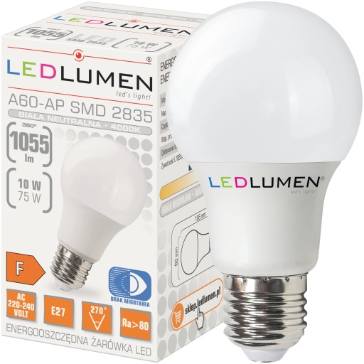 E27 A60 LED žiarovka 10W=75W SMD 1055lm 270° No Flicker Neutral 4000K