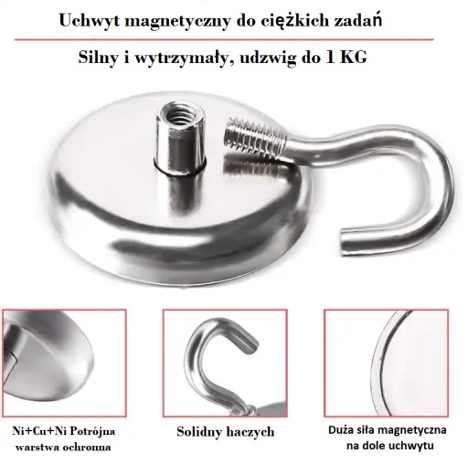 MAGNETICKÝ DRŽIAK SILNÝ NEODYMIOVÝ MAGNET S HÁČKOM Ø10 mm 1kg