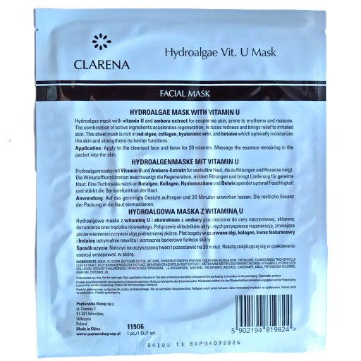 Clarena Hydroalgae Vit. U pleťová maska s vitamínom U