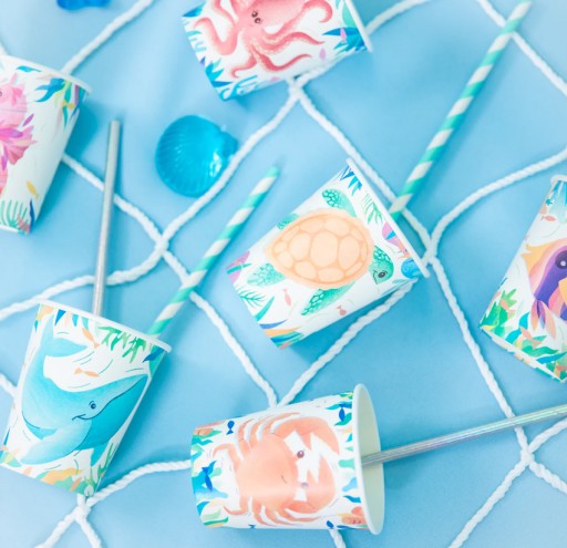 OCEAN Paper Cups Sea Underwater World Animals Birthday 220ml x6