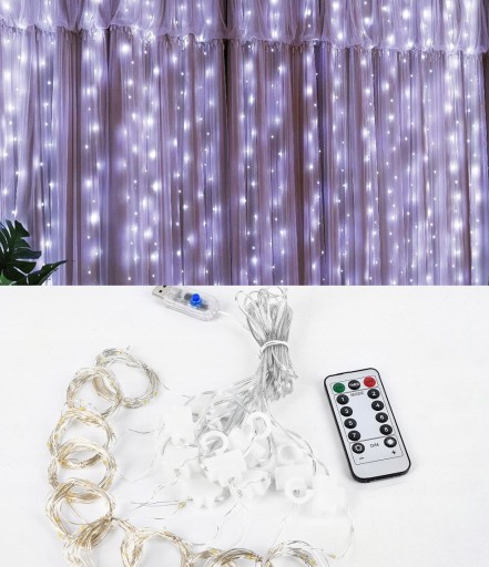 Svetelný záves 100 LED 3x1m Garland Drôtené svetlá Neutrálne biele Diaľkové ovládanie