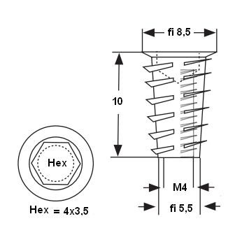 Nábytkový dvojzávitový spoj, drevený závit M4x10, 10 ks