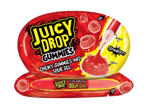 ŠŤAVNÉ KVAPKY GUMMIES OVOCNÉ ŽELÉ S KYSELNÝM GÉLOM V RUŽOVOM BAZOKOVOM CUKROVINE 57G