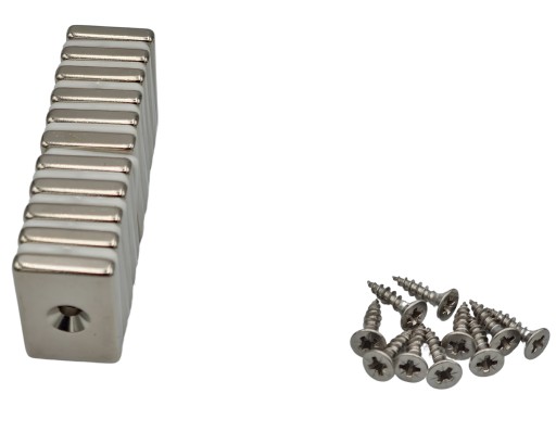 Neodymový tanierový magnet 30x20x5 N42 s kónickým otvorom 8/4 mm + 2x skrutka