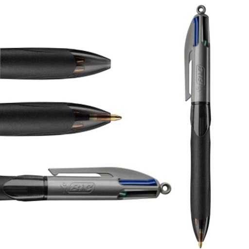 Zaťahovacie guľôčkové pero BIC 4 Colors Grip Pro, čierne puzdro, 4 farby