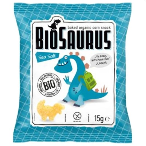 Kukuričné chrumky od dinosaurov s morskou soľou BEZ SKLA. BIO 15 g BioSaurus