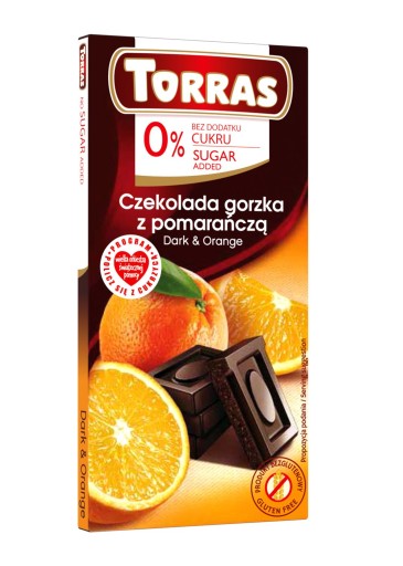 Tmavá čokoláda s pomarančom, bez pridaného cukru, bez lepku 75 G - Torras