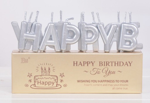 strieborné narodeninové tortové sviečky, nápis HAPPY BIRTHDAY