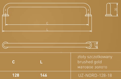 Nábytková úchytka GTV NORD, C=128 mm, L=146 mm, brúsené zlato