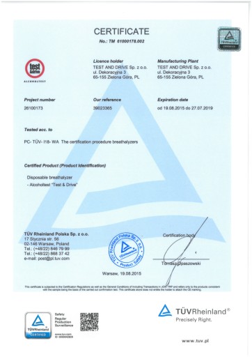 Jednorazový dychový test, certifikát ALCO2GO
