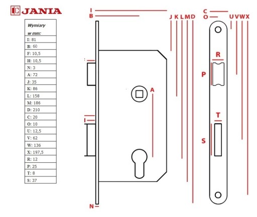 Zámok zadlabací 72/60 mm WC JANIA