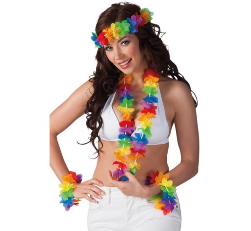 HAWAJSKÝ kvetinový set, náhrdelník s čelenkou aloha, 4 ks