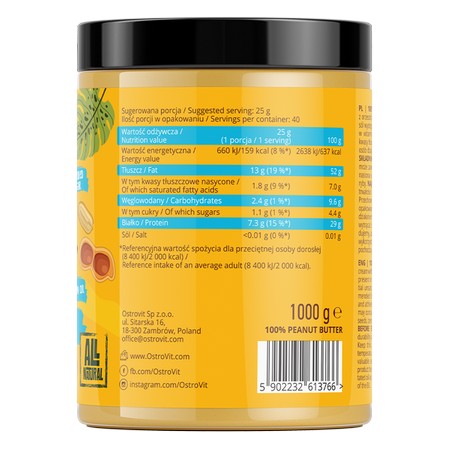 OstroVit Arašidové maslo 1KG HLADKÉ ARAŠIDOVÉ MASLO