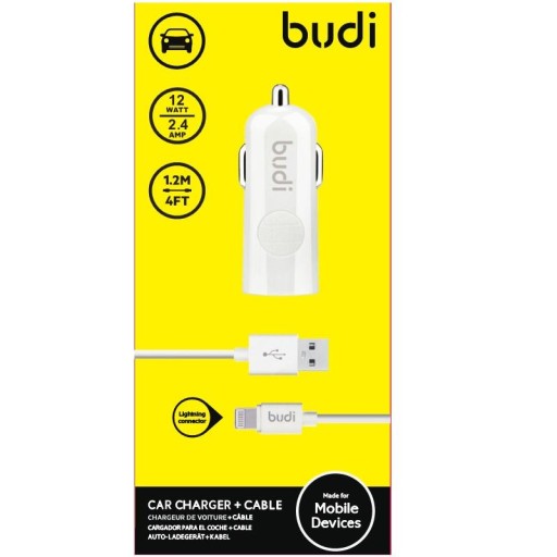 Budi USB nabíjačka do auta + Lightning kábel biely