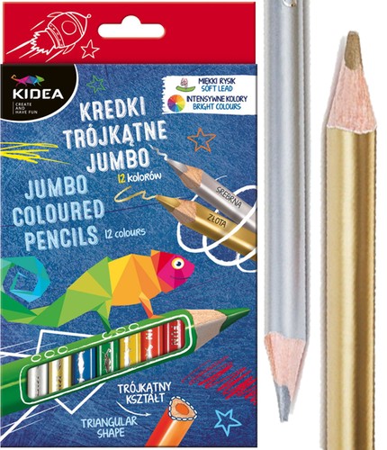 Trojuholníkové pastelky hrubé, 12 farieb, KIDEA JUMBO