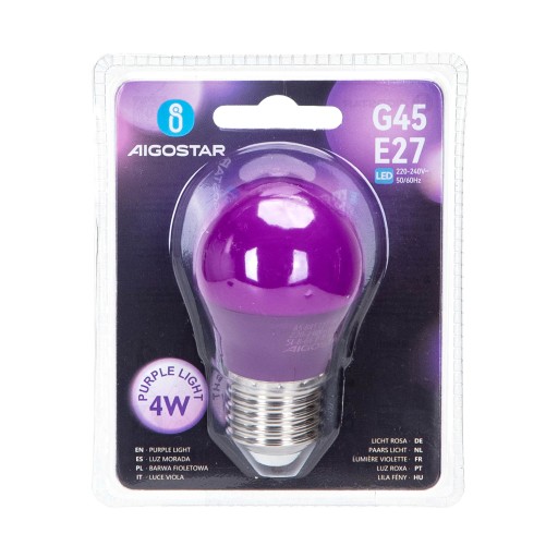 Dekoratívna LED žiarovka E27 na 230V G45 4W fialová