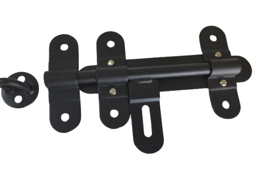 Čierna západka brány 150 mm s visiacim zámkom a uzamykacou západkou