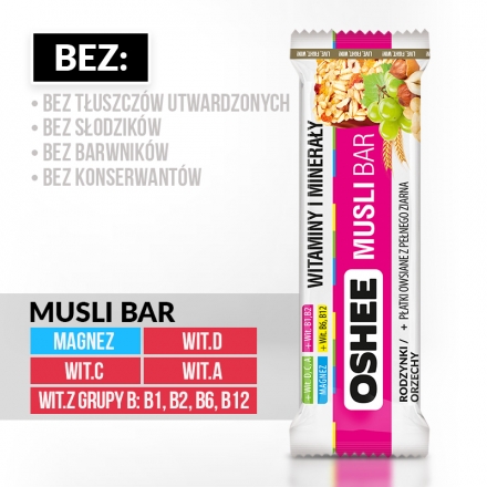 OSHEE Musli Bar Cereálna tyčinka, hrozienka, orechy, 40g