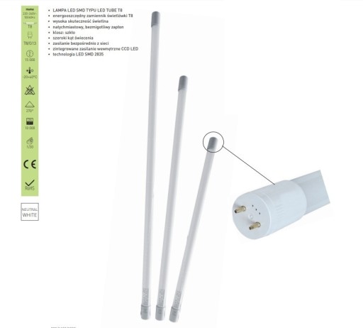 TUBA LED T8 G13 žiarivka 60CM 9W=18W 4000K Neutrál 1000lm 270° GREELUX