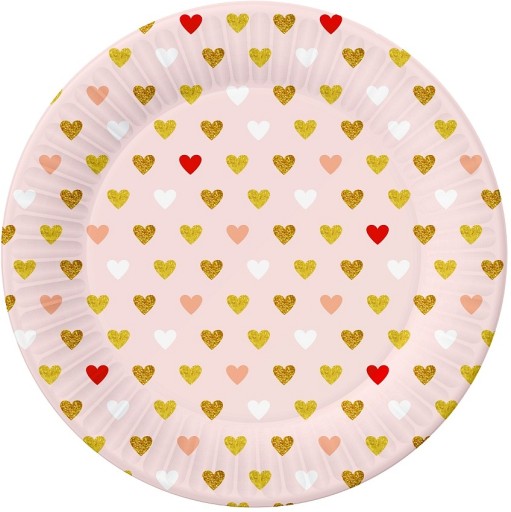 Ružové papierové taniere so srdiečkami na Valentína