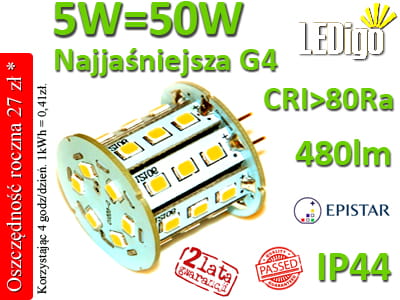 G4 LED žiarovka 5W=50W Studená