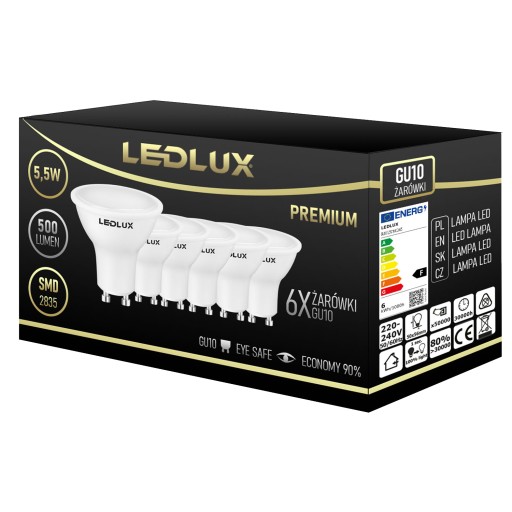 6x GU10 LED žiarovka 5,5W = 50W SMD Premium LEDLUX nebliká, 3 FARBY