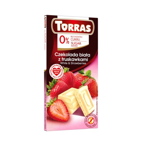 Biela čokoláda s jahodami, bez pridaného cukru, 75g TORRAS