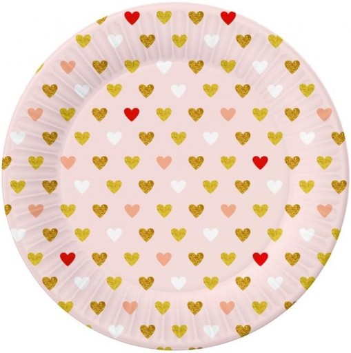 Ružové papierové taniere so srdiečkami na Valentína XoXo 18cm 6 ks.