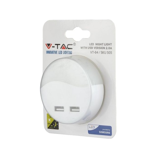 V-TAC SAMSUNG nočná lampa do zásuvky s 2x USB nabíjačkou 10lm 3000k