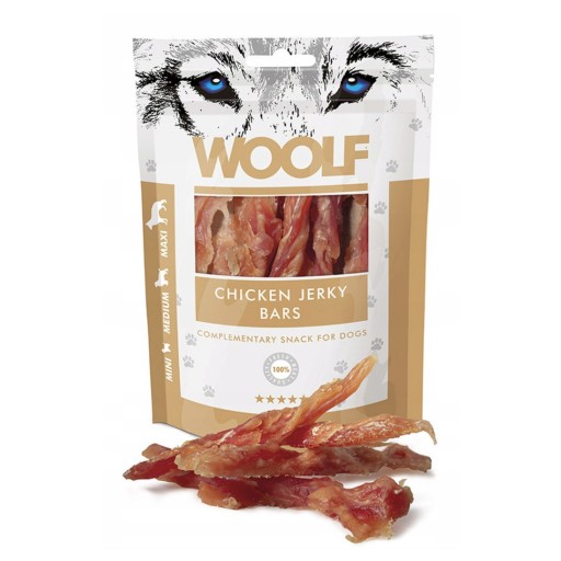 WOOLF CHICKEN JERKY TYČINKY CHUTÍ CHUTÍ KURACIE PÚHY PRE PSOV 100G