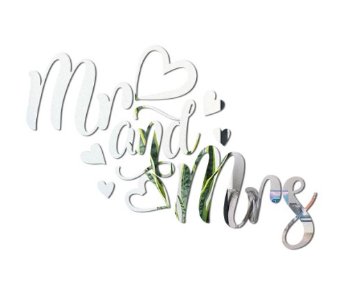 Strieborná zrkadlová nálepka na stenu Mr&Mrs WEDDING N21
