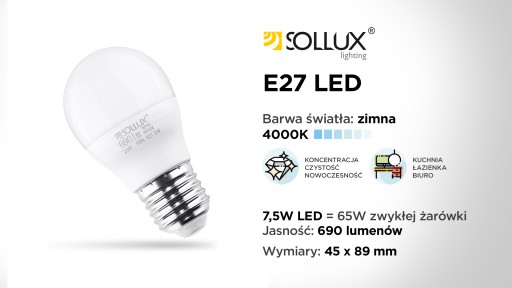 SOLLUX LED guľová žiarovka E27 4000K studená 7,5W 690lm