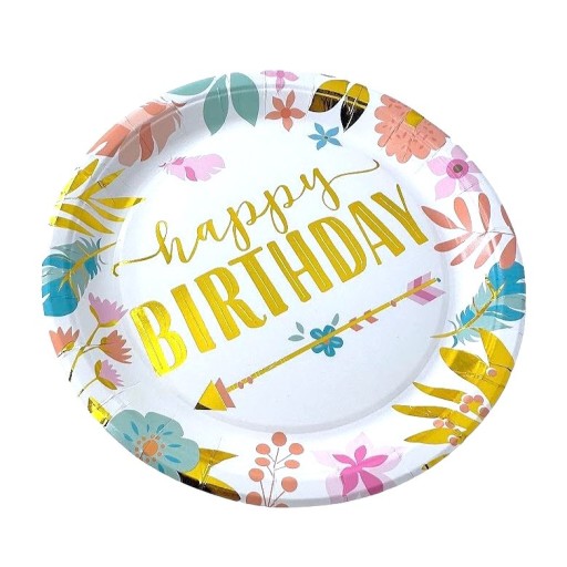 Happy Birthday papierové taniere 23cm BOHO FLOWERS zlatý nápis Birthday