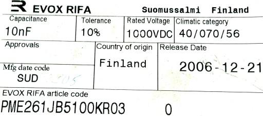 EVOX RIFA Fólia 10nF 0,01uF 1000V DC 10KS.