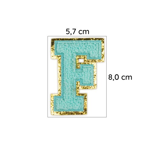 PATCH LETTER F, trblietky, modrá, azúrová